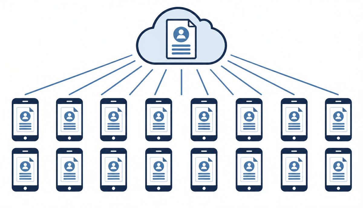 Illustration: many identical phones receiving a single central profile from a cloud.