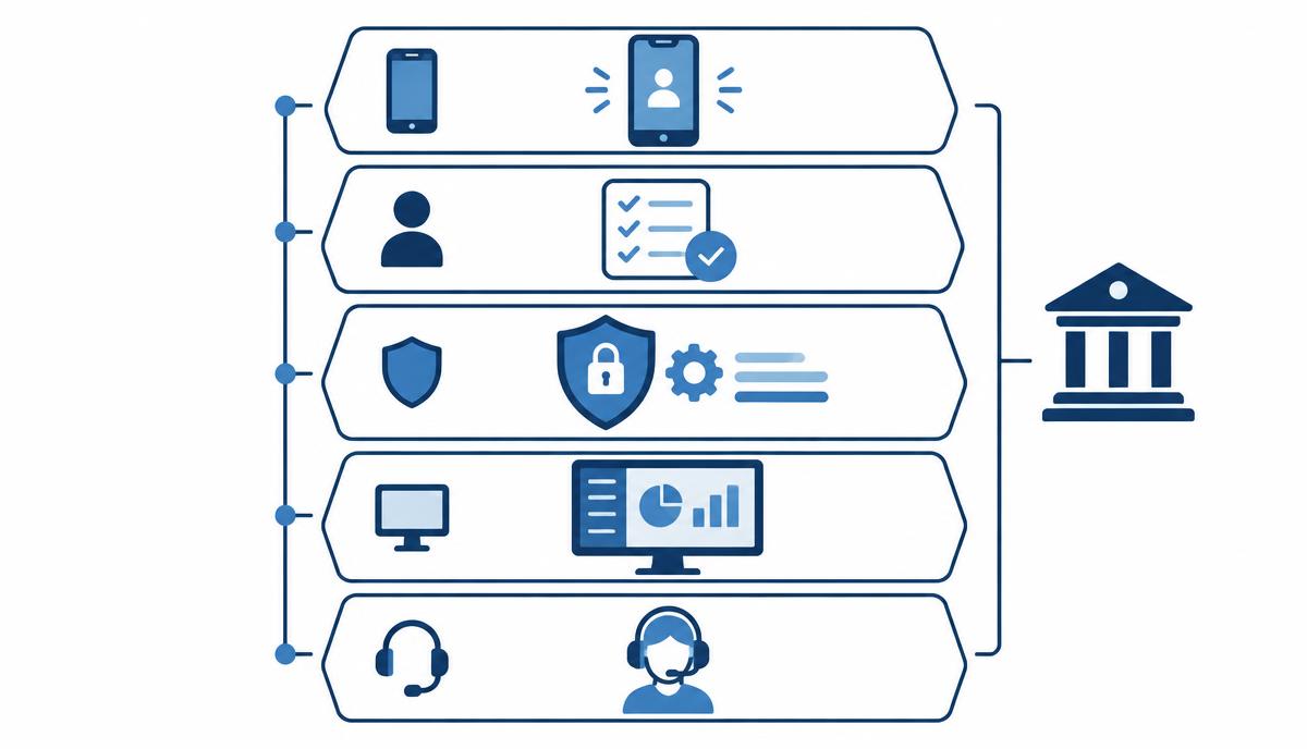 Diagram: five stacked layers – device, enrollment, patch level, management, support – with a bank building icon beside them.