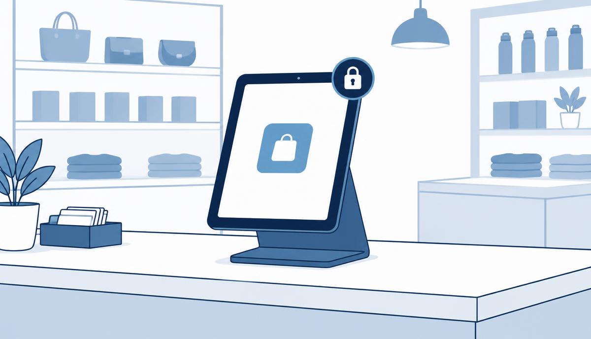 Illustration: a tablet on a stand on a store counter in kiosk mode, with a single app tile and a padlock badge.