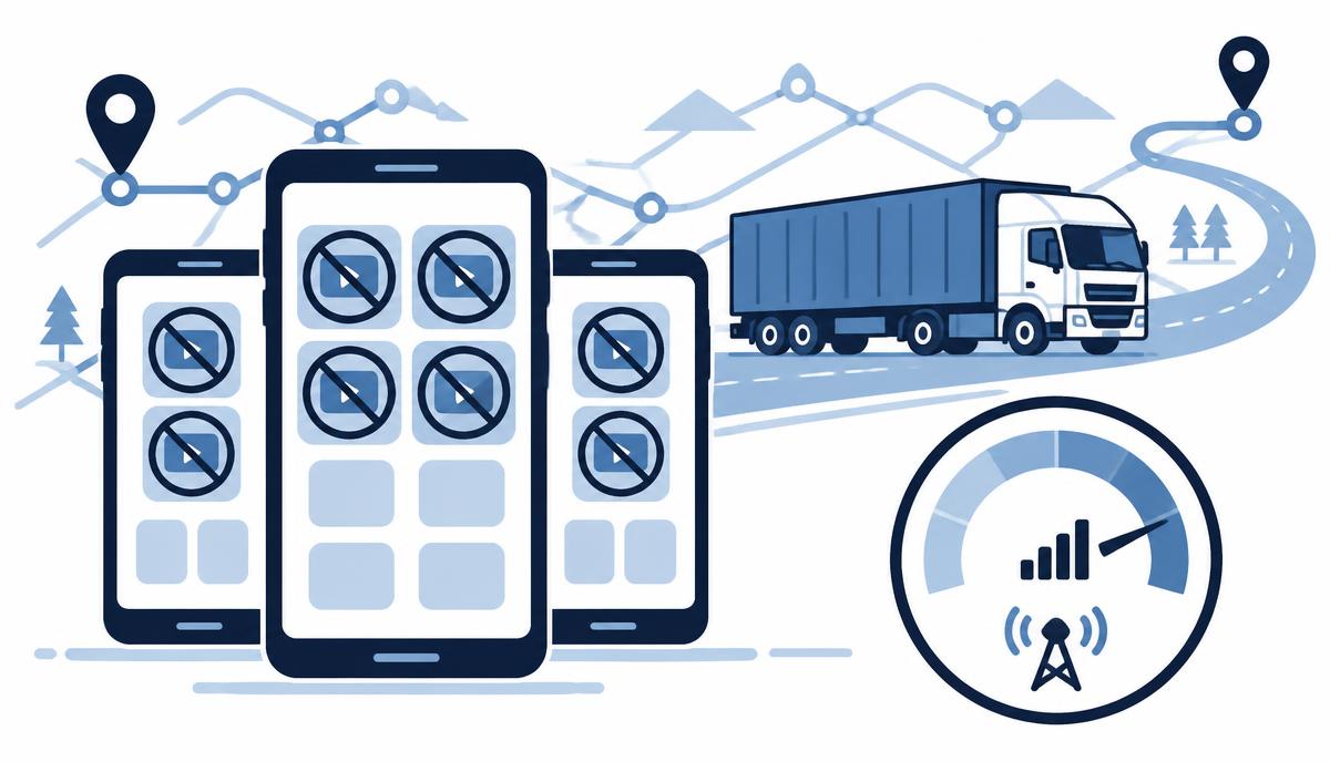 Illustration: Galaxy phones with blocked video-app tiles, a truck and a mobile data meter.