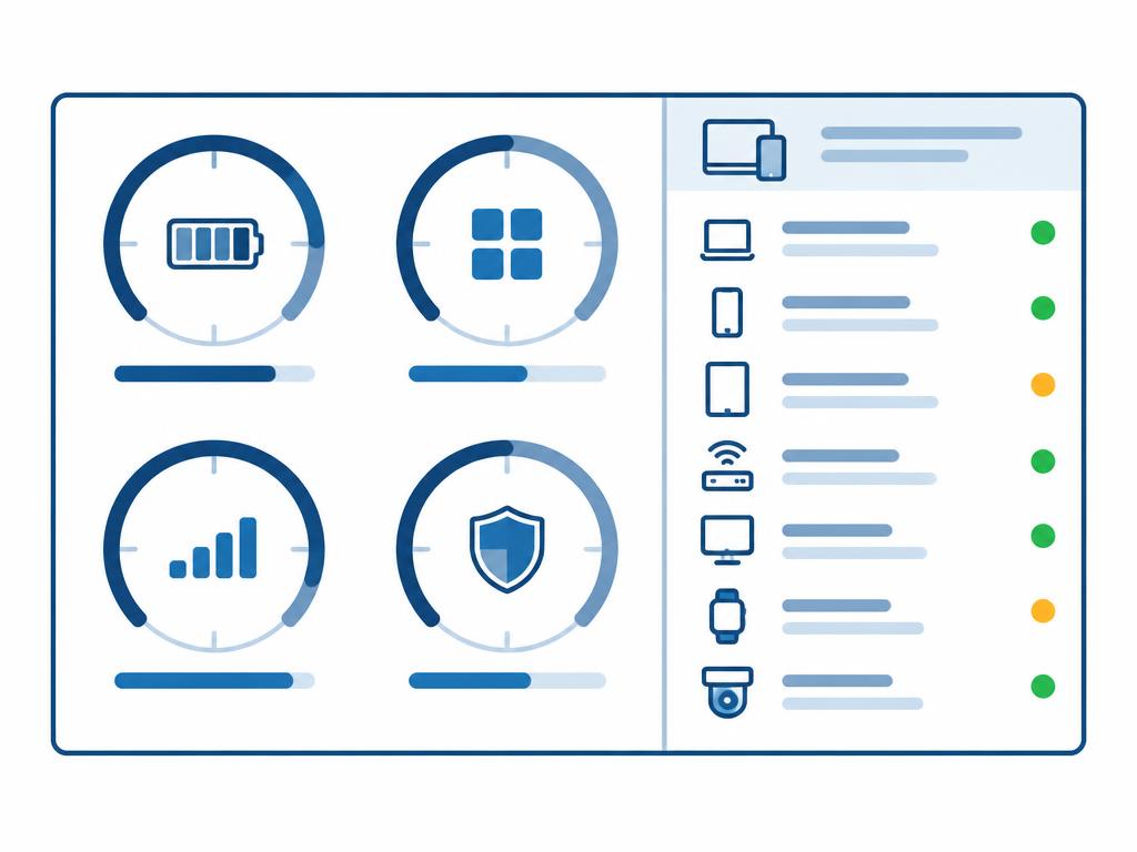 Diagram: a dashboard with four gauges – battery, apps, network, patch level – next to a device list with green and amber status dots.