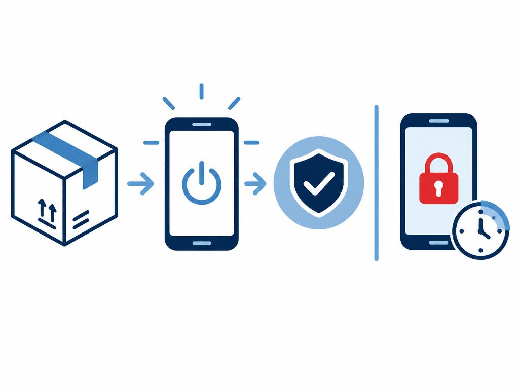 Diagram: box, powered-on phone and a "managed" checkmark, next to a locked phone with a red padlock and a timer.
