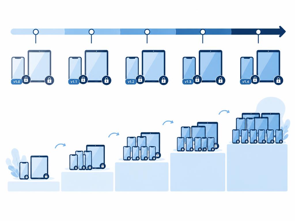 Diagram: Galaxy phones and tablets with version tags and padlocks, a time-window bar above them, and progressively larger device groups for a gradual rollout.