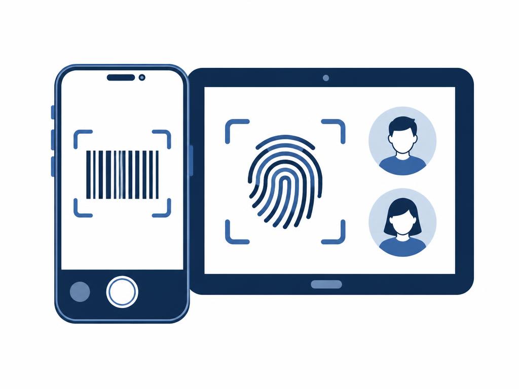 Diagram: a phone in camera view with a barcode frame, next to a tablet with a fingerprint icon and two user avatars.