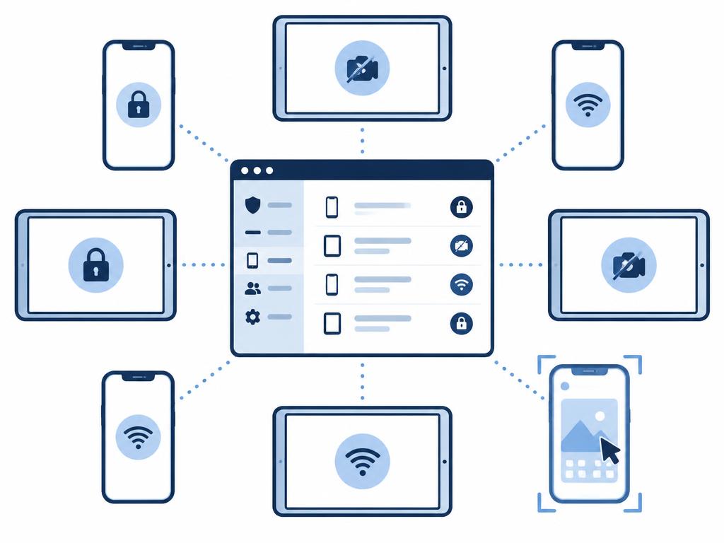 Diagram: a console window in the centre, surrounded by phones and tablets with different policy states, one framed for live screen sharing.